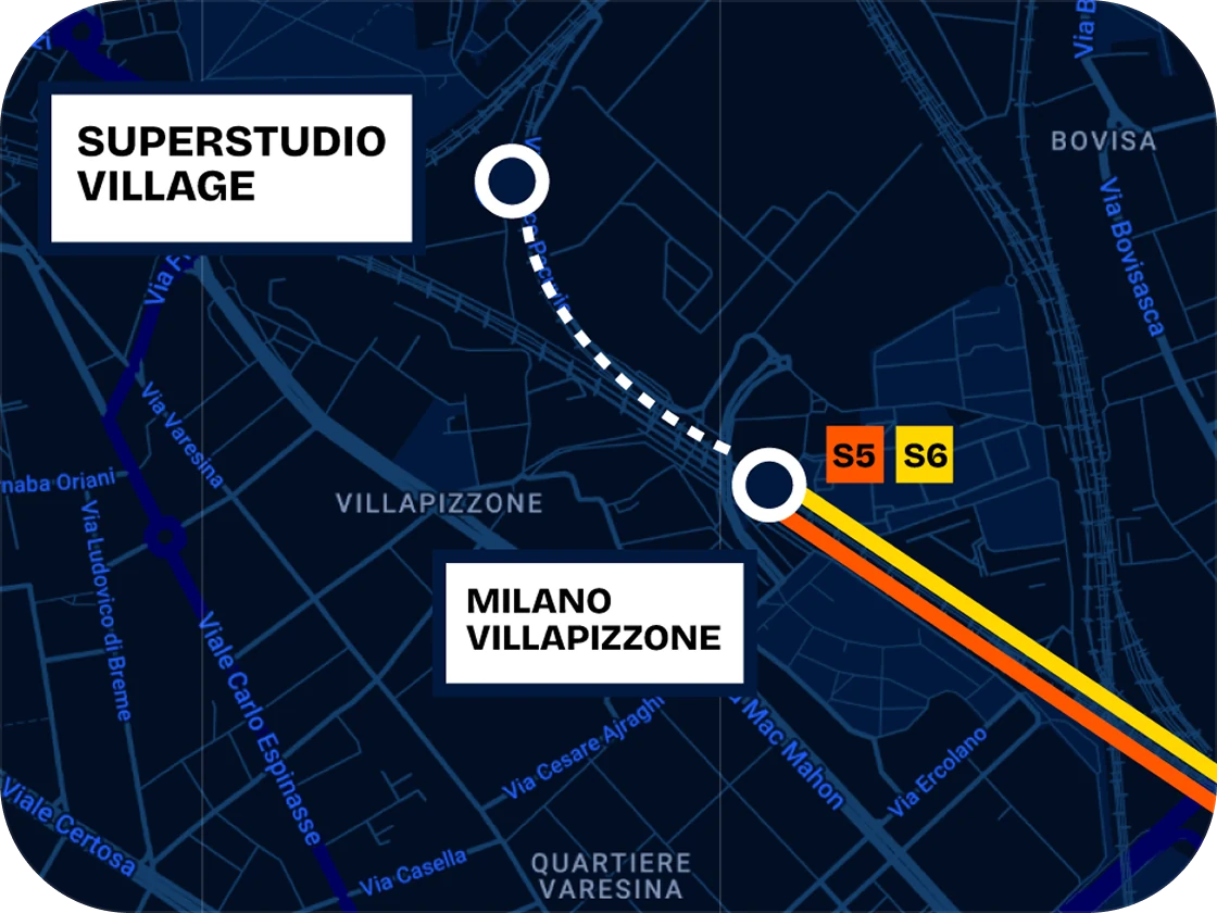 Mappa del percorso a piedi dalla stazione di Milano Villapizzone al Superstudio Village