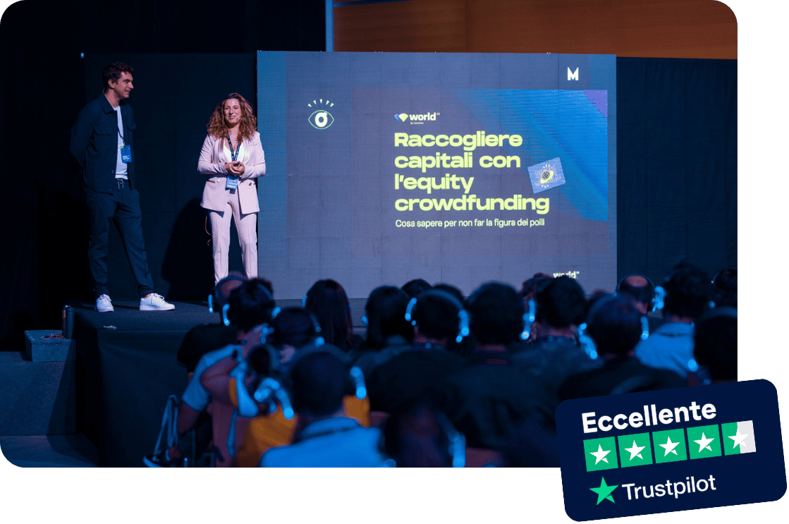 Alessio Boceda e Giulia D'Amato sul palco di un evento Startup Geeks, con valutazione Eccellente su Trustpilot