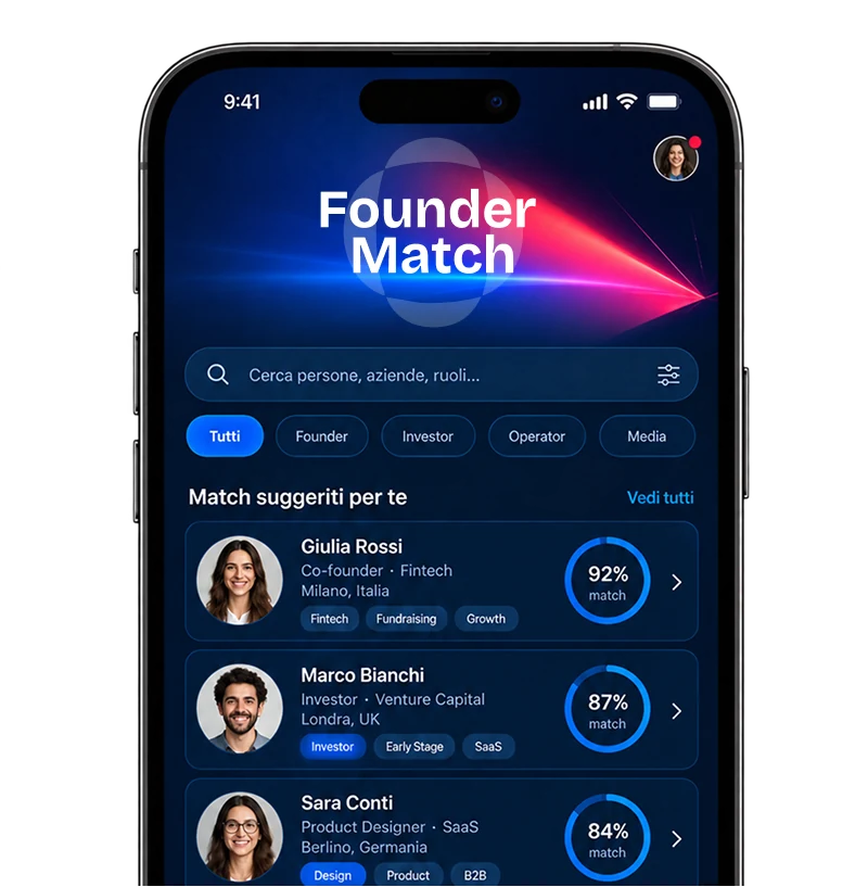 Anteprima dell'app Founder Match su smartphone